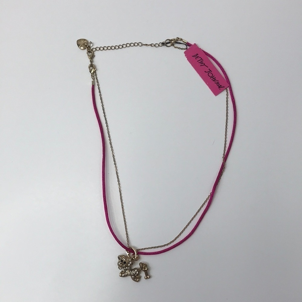 BETSY JOHNSON Gold Pink Dog Charm Necklace